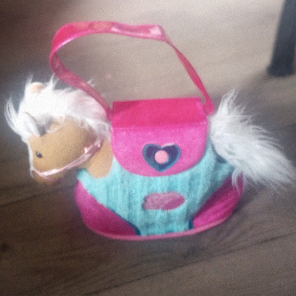 Pink and Blue Plush Pucci Pups Horse And Carrier